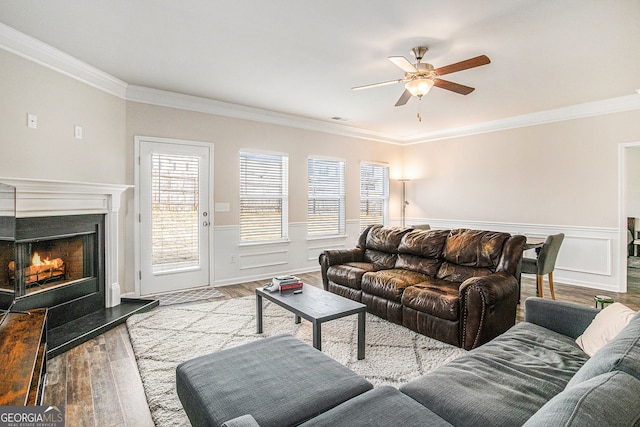 living area with ornamental molding, a warm lit fireplace, wainscoting, and wood finished floors