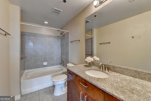 full bath featuring visible vents, toilet, tile patterned flooring, vanity, and shower / bathing tub combination