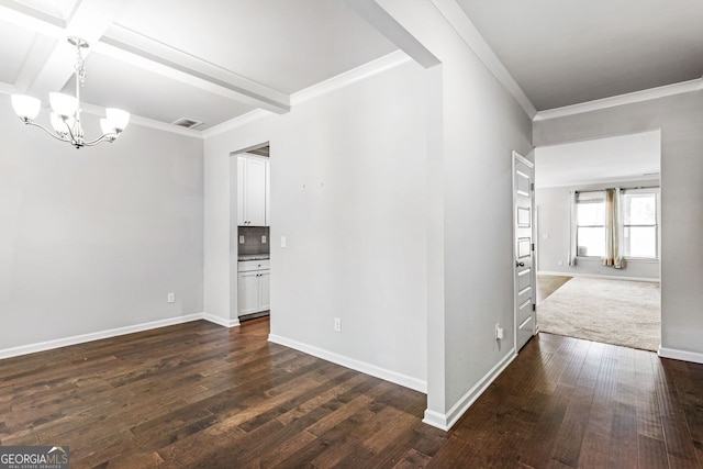 interior space with ornamental molding, baseboards, dark wood-style flooring, and a chandelier