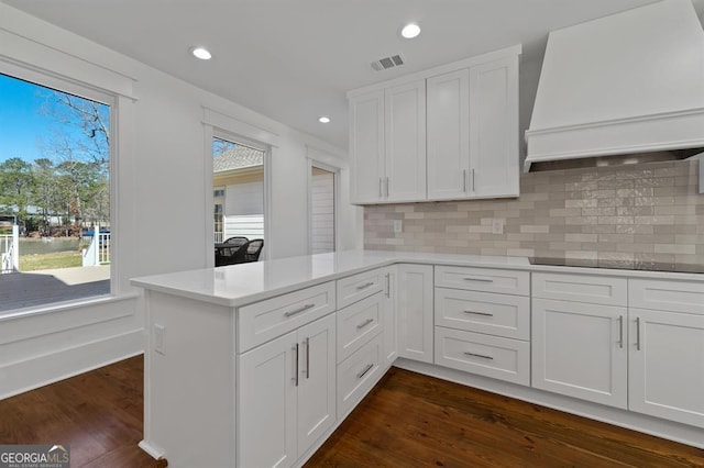 kitchen featuring dark wood finished floors, black electric stovetop, custom exhaust hood, and white cabinetry