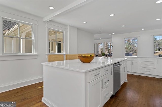 kitchen with dark wood-style flooring, recessed lighting, a sink, and white cabinets