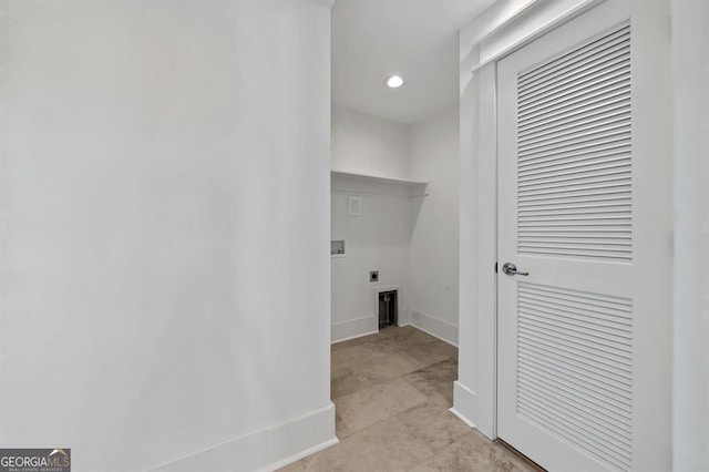 clothes washing area featuring hookup for a washing machine, recessed lighting, laundry area, baseboards, and electric dryer hookup