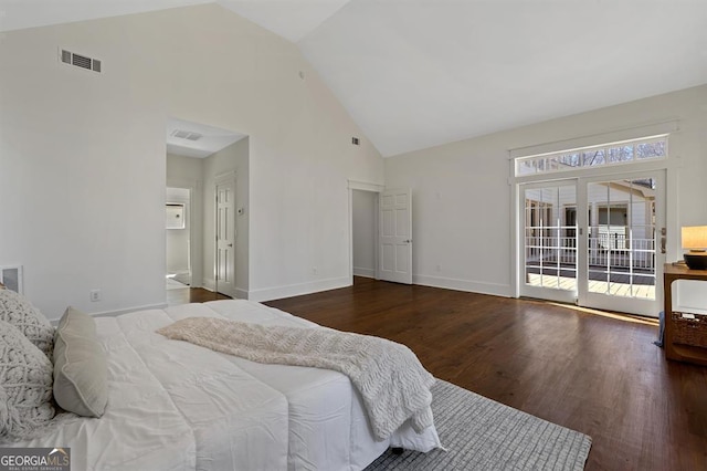 bedroom with high vaulted ceiling, wood finished floors, visible vents, baseboards, and access to exterior