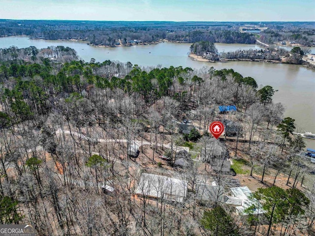 aerial view with a water view and a forest view