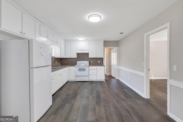 kitchen featuring dark wood-style floors, visible vents, backsplash, white cabinets, and white appliances