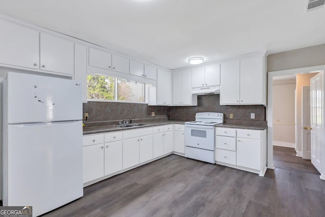 kitchen featuring under cabinet range hood, white appliances, a sink, visible vents, and white cabinets