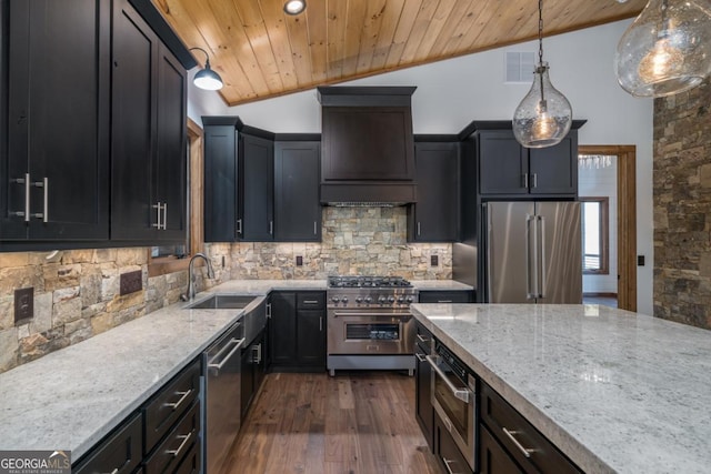 kitchen with light stone counters, vaulted ceiling, a sink, high quality appliances, and wooden ceiling