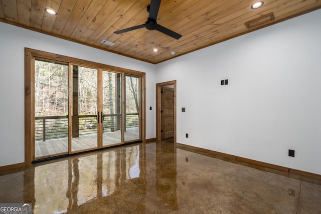 spare room with recessed lighting, wood ceiling, visible vents, and baseboards