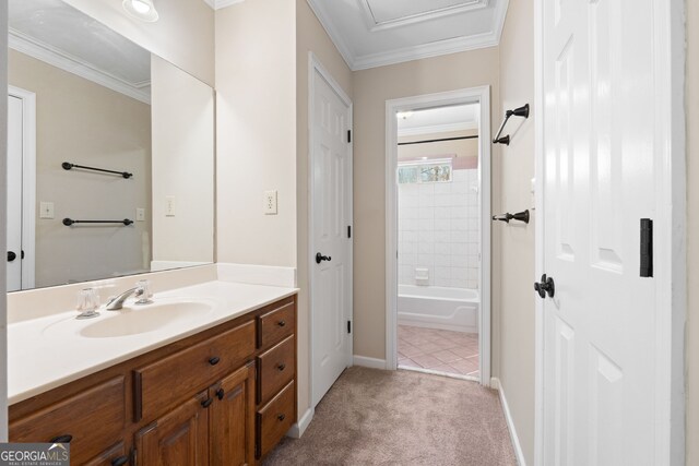 bathroom with baseboards, shower / bathtub combination, vanity, and crown molding