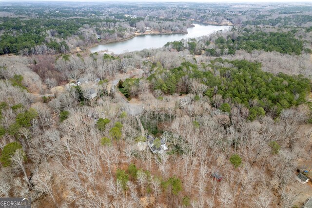 aerial view featuring a water view and a view of trees