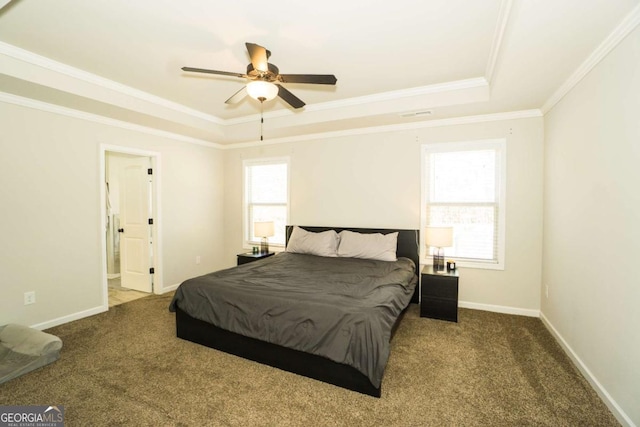 bedroom with a raised ceiling, multiple windows, and carpet flooring