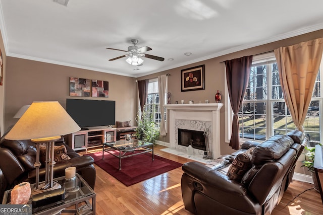 living area featuring crown molding, a fireplace, ceiling fan, and wood finished floors