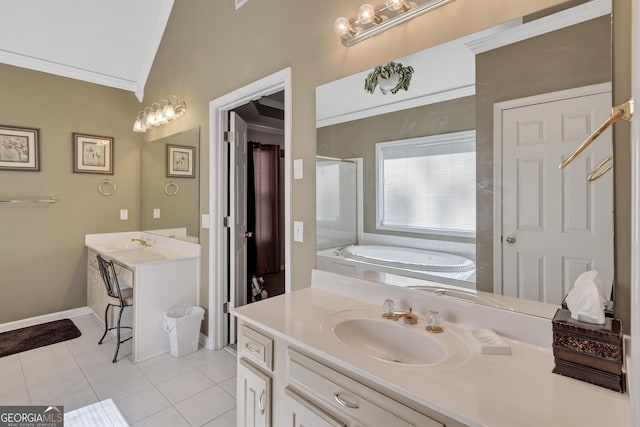 bathroom with a shower with shower door, tile patterned flooring, crown molding, vanity, and a bath