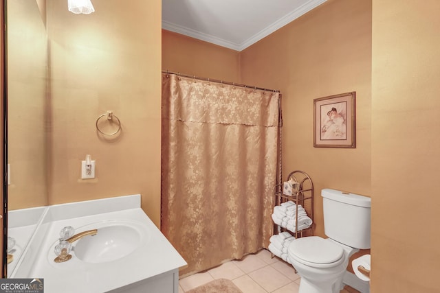 full bathroom featuring crown molding, a shower with curtain, toilet, vanity, and tile patterned flooring