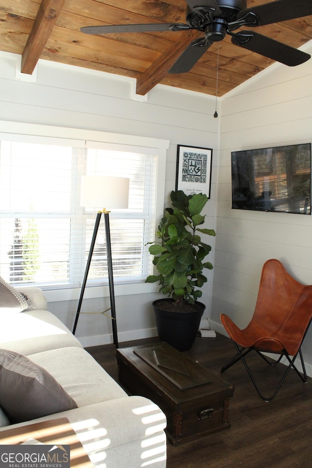 living room featuring wood ceiling and dark wood-style flooring