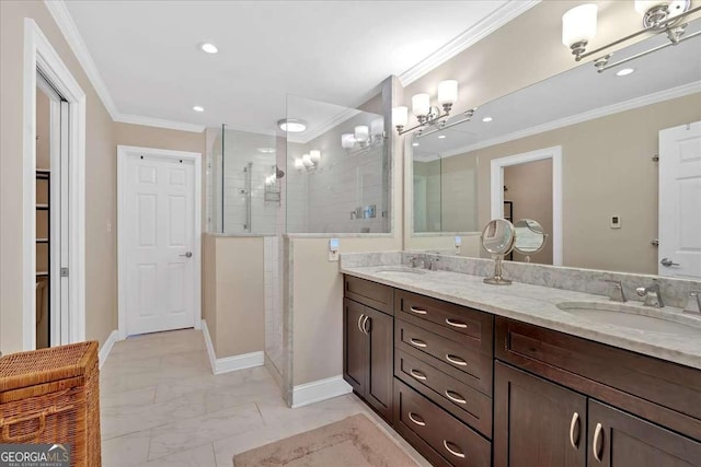 full bath featuring a walk in shower, marble finish floor, a sink, and crown molding