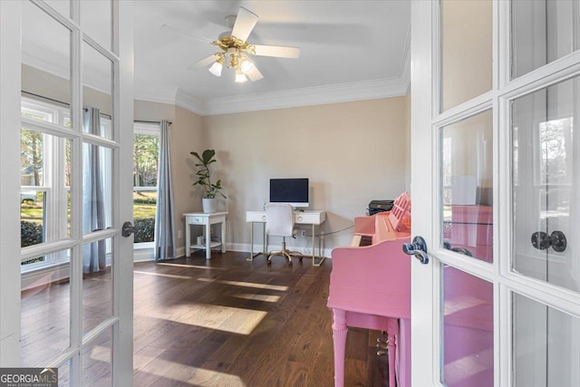 interior space featuring ornamental molding, french doors, ceiling fan, and wood finished floors