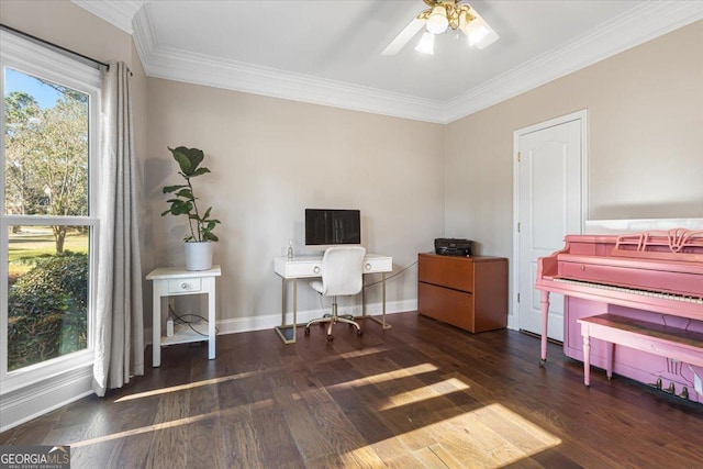 office space featuring ceiling fan, baseboards, wood finished floors, and ornamental molding