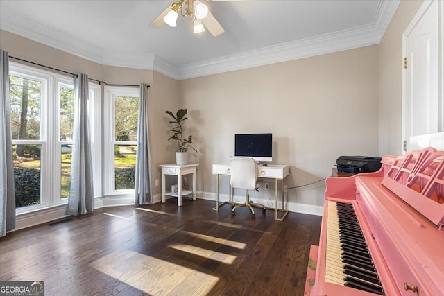 office space featuring visible vents, ornamental molding, hardwood / wood-style flooring, and a healthy amount of sunlight