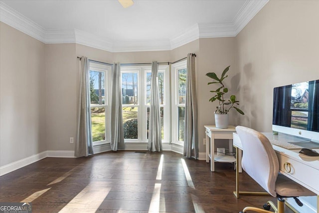 office featuring crown molding, wood finished floors, and baseboards