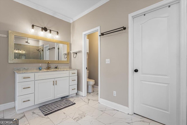 bathroom with baseboards, marble finish floor, and crown molding