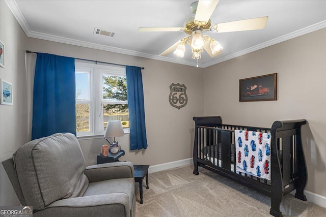 bedroom featuring light carpet, baseboards, visible vents, and crown molding