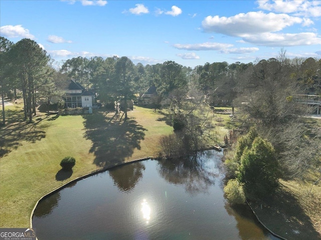 drone / aerial view featuring a water view