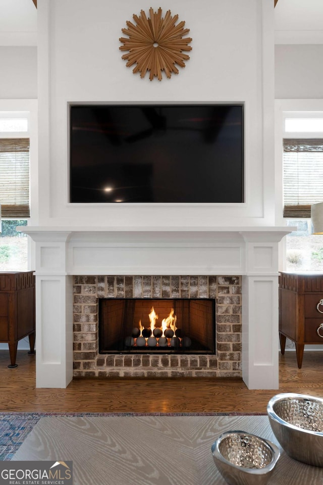 room details with a fireplace and wood finished floors