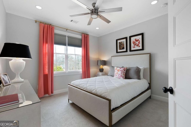 carpeted bedroom featuring a ceiling fan, recessed lighting, visible vents, and baseboards