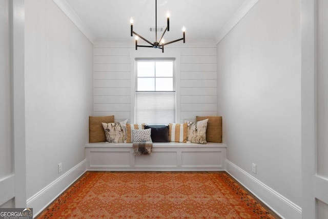 interior space with an inviting chandelier, visible vents, baseboards, and crown molding