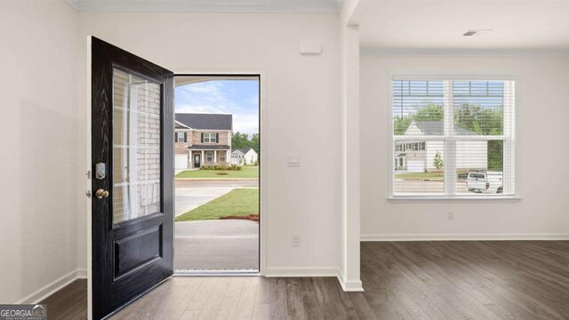 1039 Blue Juniper Cir, Loganville, GA 30052 - foyer with healthy amount of natural light, wood finished floors, and crown molding