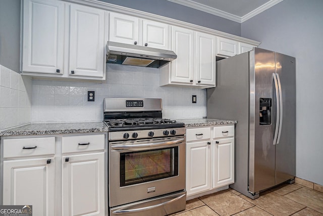 kitchen with stainless steel appliances, white cabinets, ornamental molding, and under cabinet range hood