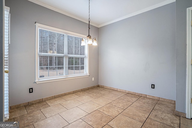 unfurnished dining area with a notable chandelier, crown molding, baseboards, and light tile patterned flooring