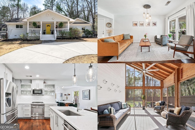 interior space with visible vents, open floor plan, light countertops, stainless steel appliances, and a sink