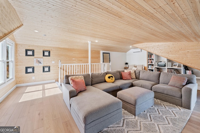 living area featuring wood finished floors, recessed lighting, wooden walls, lofted ceiling, and wood ceiling