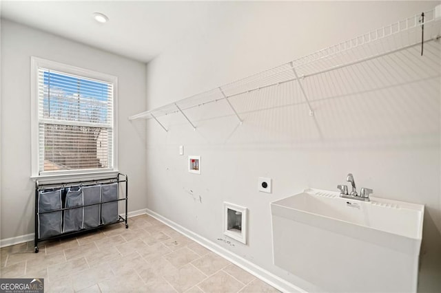 clothes washing area with baseboards, laundry area, electric dryer hookup, and hookup for a washing machine