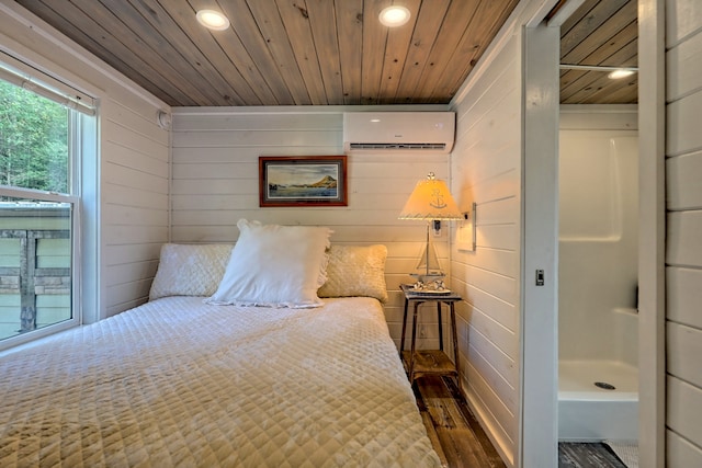 bedroom with wooden walls, a wall unit AC, wooden ceiling, wood finished floors, and recessed lighting