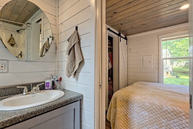 full bath with wooden ceiling, wooden walls, and vanity