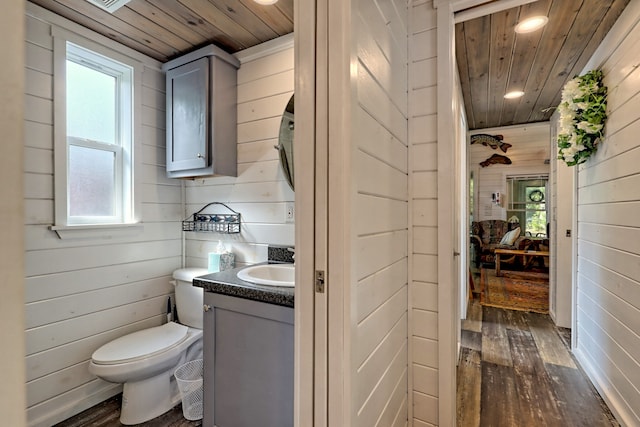 bathroom featuring wood walls, wood-type flooring, and wood ceiling