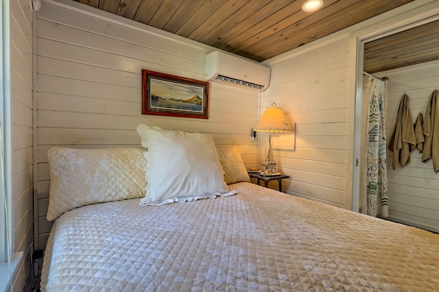 bedroom with wood walls, a wall mounted air conditioner, wooden ceiling, and recessed lighting