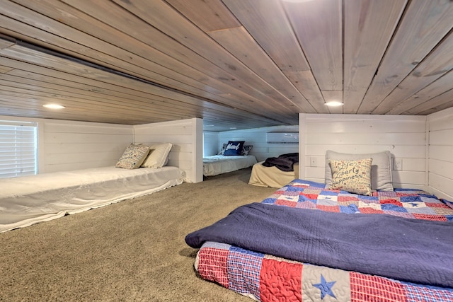 bedroom featuring wooden ceiling, carpet, wooden walls, and a wall mounted AC