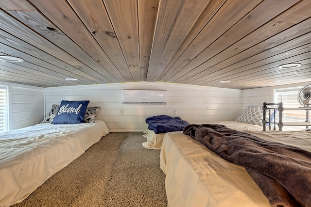 bedroom featuring vaulted ceiling, wood walls, a wall unit AC, and wood ceiling