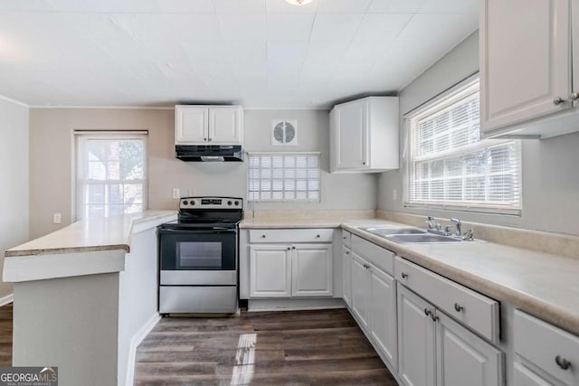 238 Howell Dr SW, Atlanta, GA 30331 - kitchen featuring stainless steel electric range oven, under cabinet range hood, a peninsula, and white cabinetry