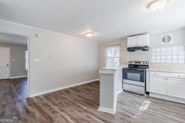 238 Howell Dr SW, Atlanta, GA 30331 - kitchen with stainless steel range with electric stovetop, under cabinet range hood, white cabinetry, light countertops, and crown molding