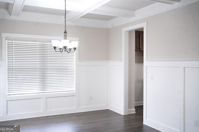 unfurnished dining area featuring coffered ceiling, dark wood finished floors, wainscoting, an inviting chandelier, and beam ceiling