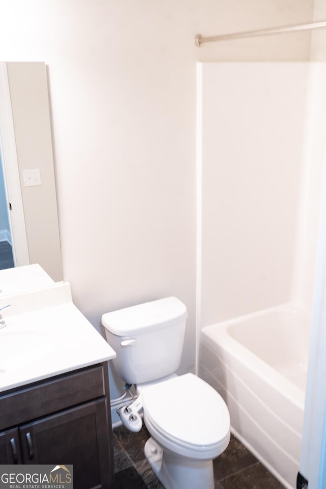 full bath featuring shower / bathing tub combination, vanity, and toilet