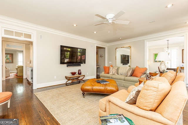 living area with crown molding, recessed lighting, dark wood-style floors, and baseboards