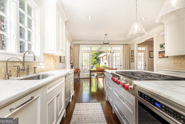 kitchen with ornamental molding, stainless steel appliances, dark wood-type flooring, white cabinets, and a sink