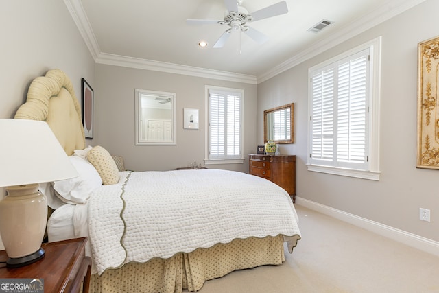 bedroom featuring visible vents, multiple windows, ornamental molding, and carpet floors