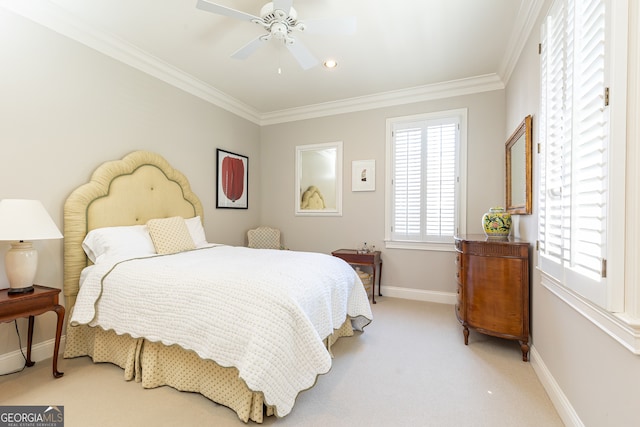 bedroom with ceiling fan, baseboards, light colored carpet, and ornamental molding